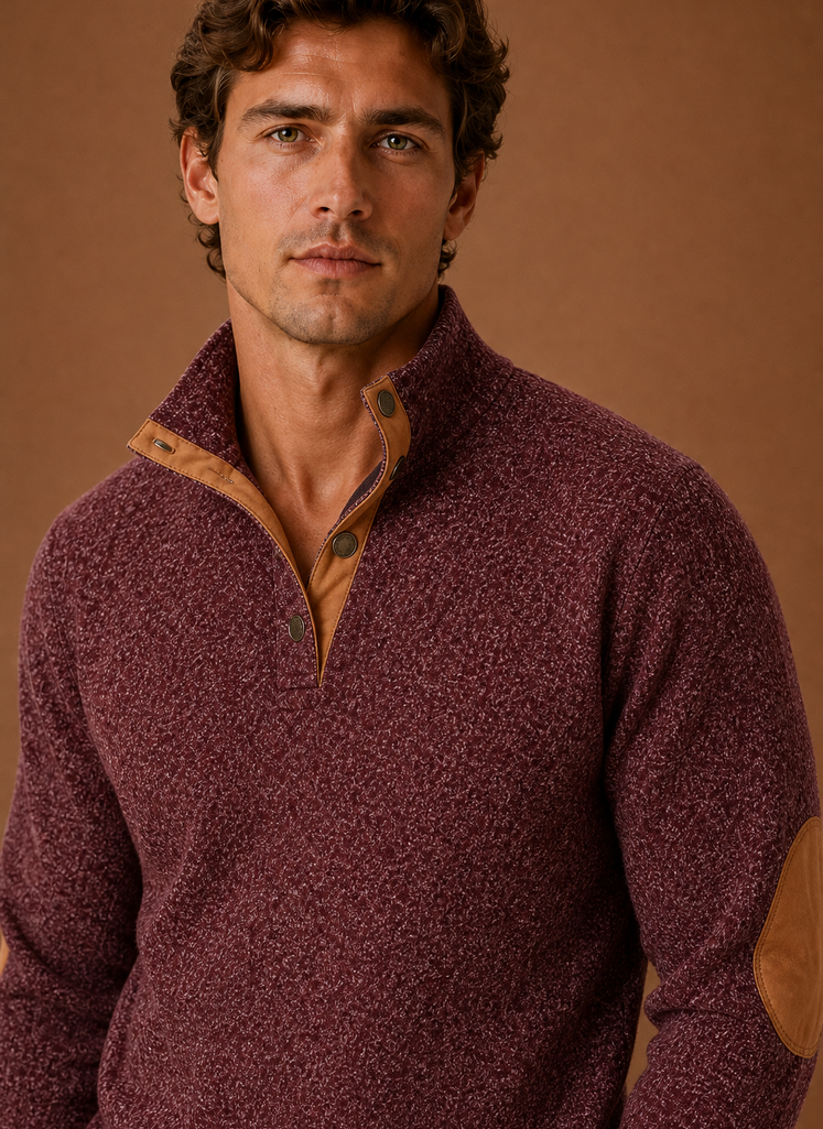 Close-up detail of the mock neck and knit texture at the neckline