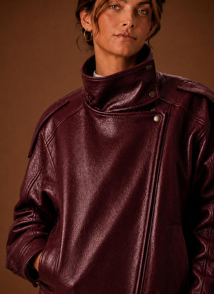 Close-up of the funnel neckline and collar seam on the jacket.