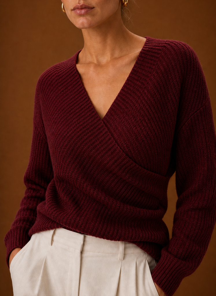Close-up of ribbed knit texture and ruched side stitching on the sweater