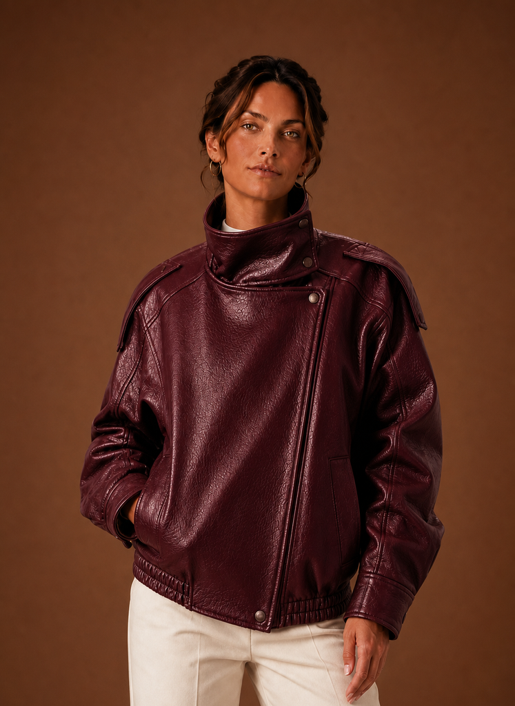Front view of women's Funnel Neck Jacket showing stand-up funnel collar and clean front silhouette.