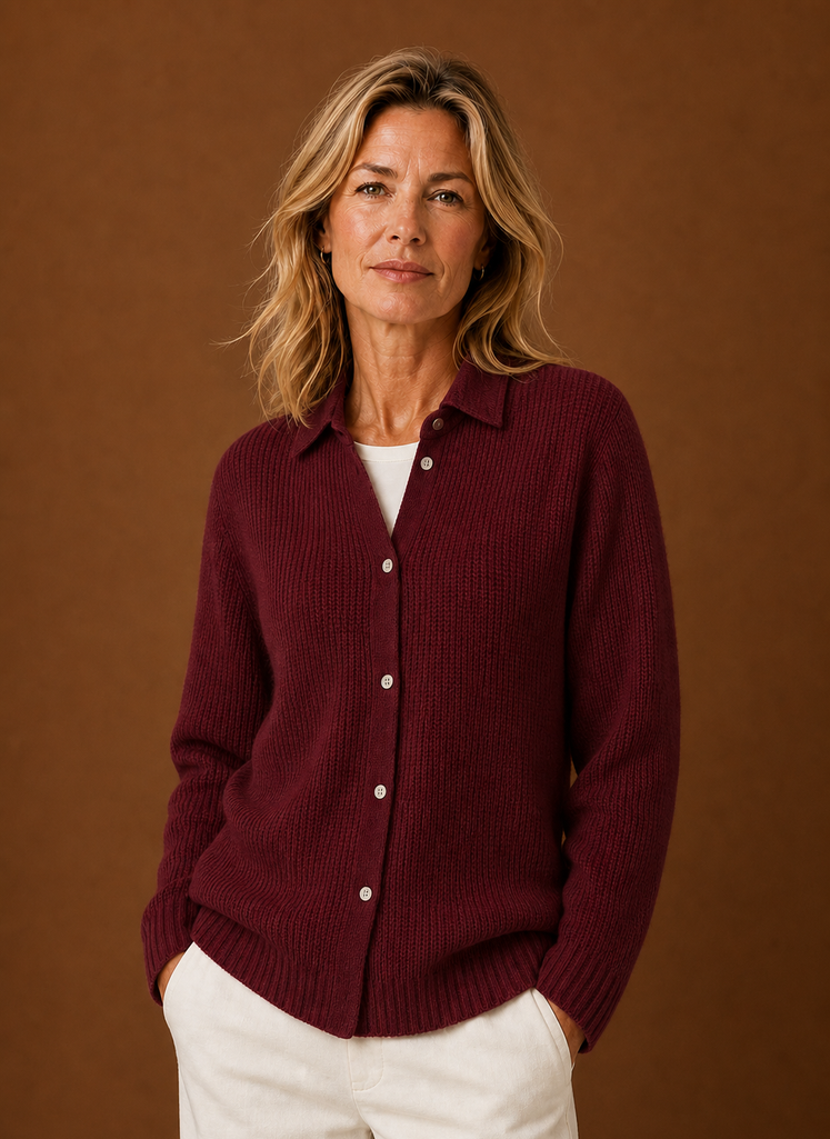 Front view of women's button-front knit cardigan showing button closure and clean silhouette