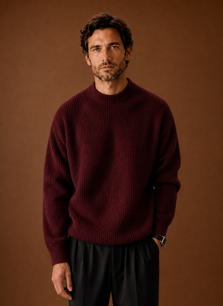Men's Ribbed Knit Sweater - Crew Neck Pullover front view