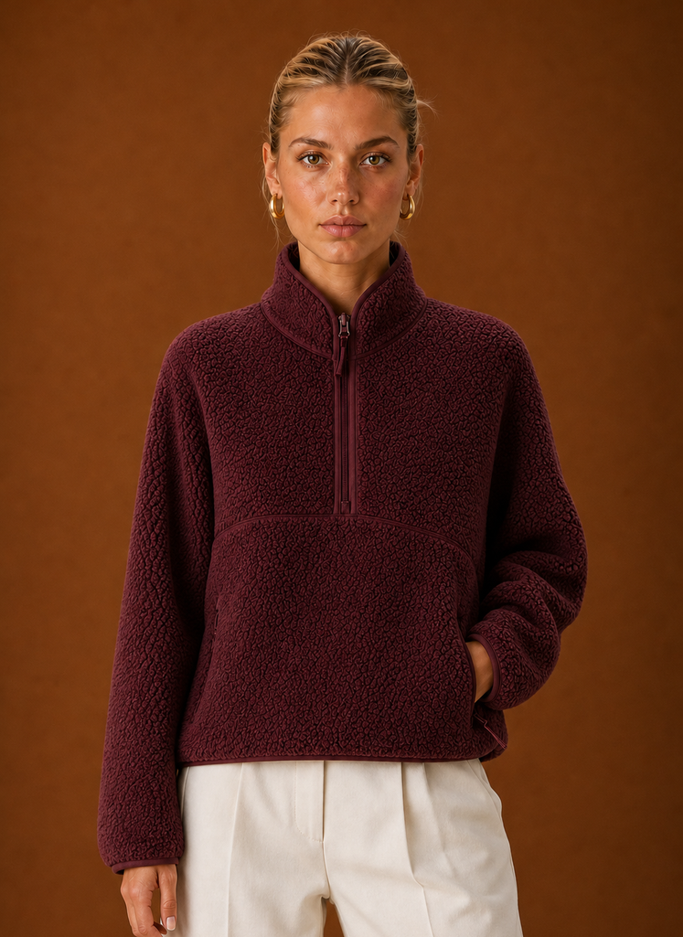 Front view of the women's quarter-zip teddy pullover on a mannequin showing the neckline and relaxed fit