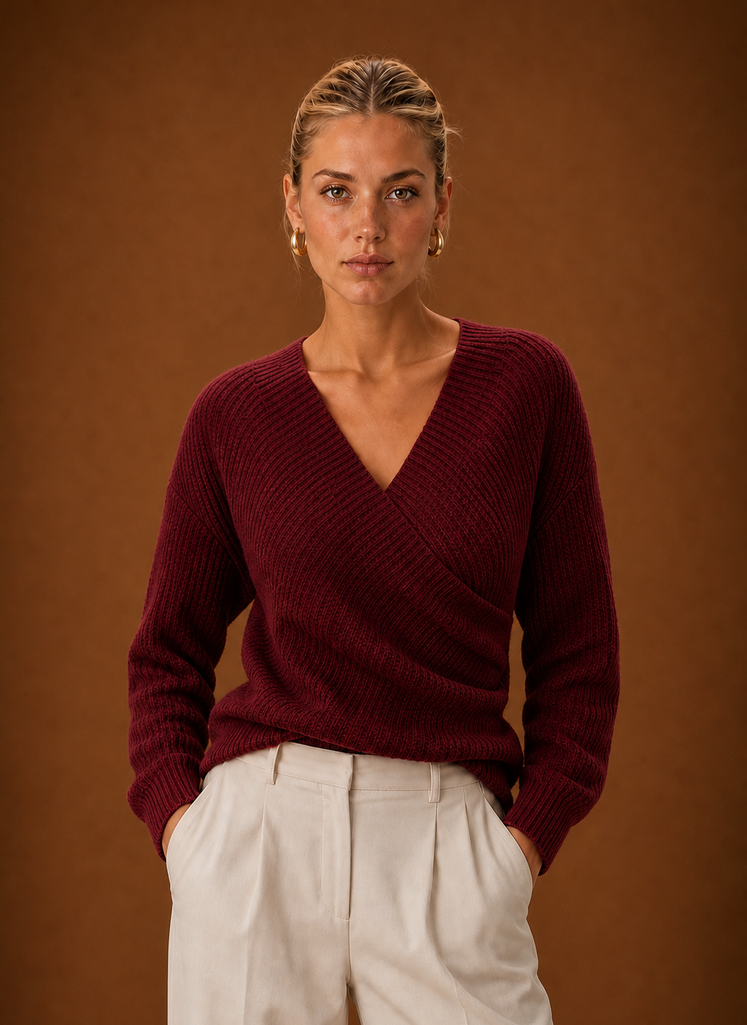 Front view of sweater showing V-neck, wrap-inspired styling and ribbed knit with ruched side detail