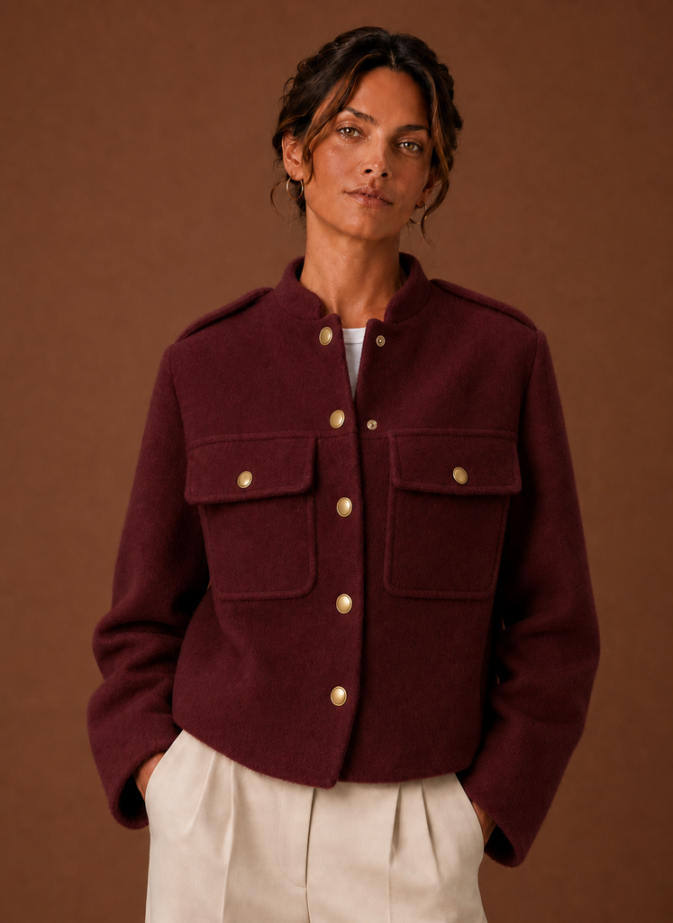 Front view of women's cropped jacket with button-front closure and cropped hem