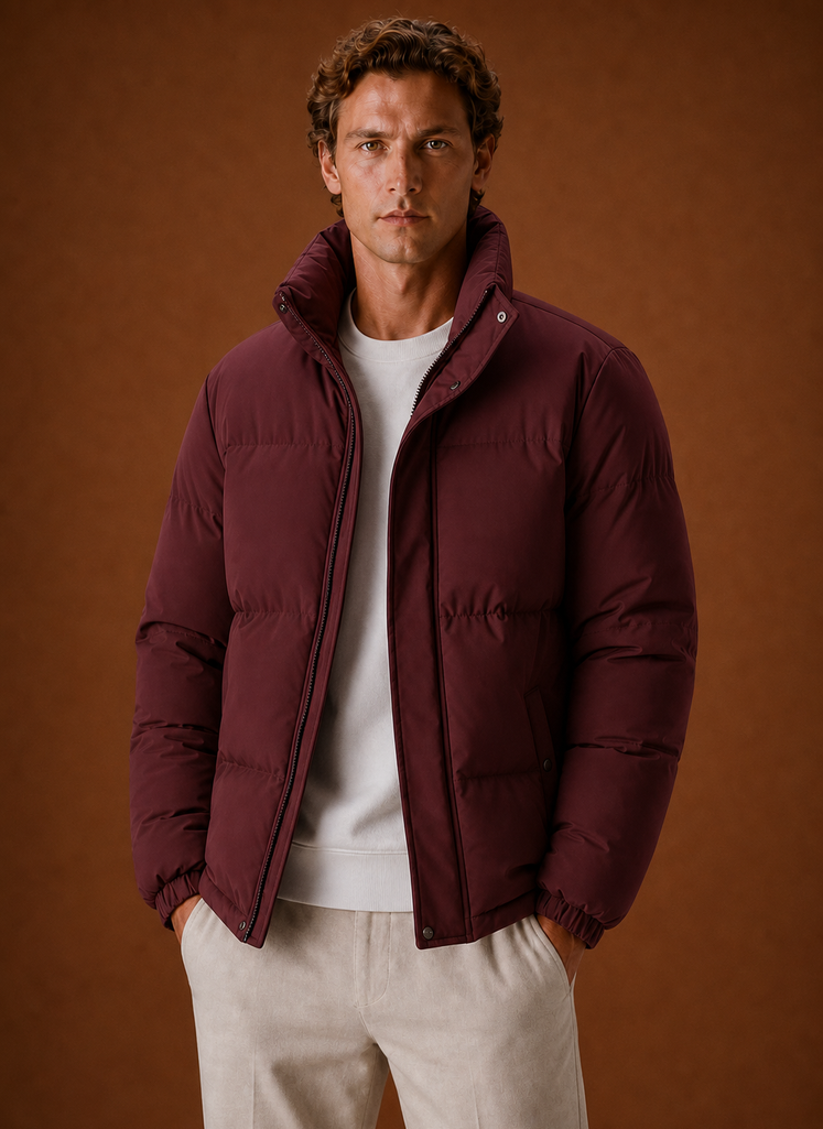 Front view of a men's oversized puffer jacket on a mannequin, showing the relaxed fit