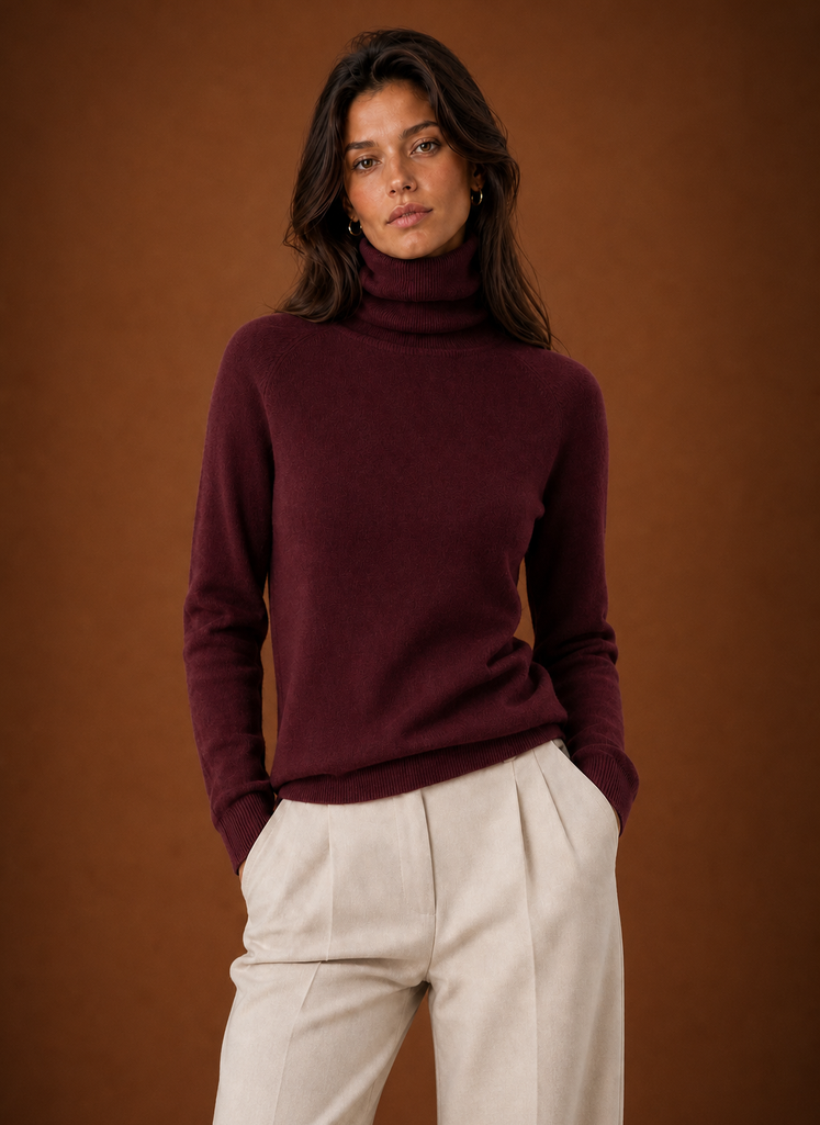 Front view of women's turtleneck sweater on neutral background