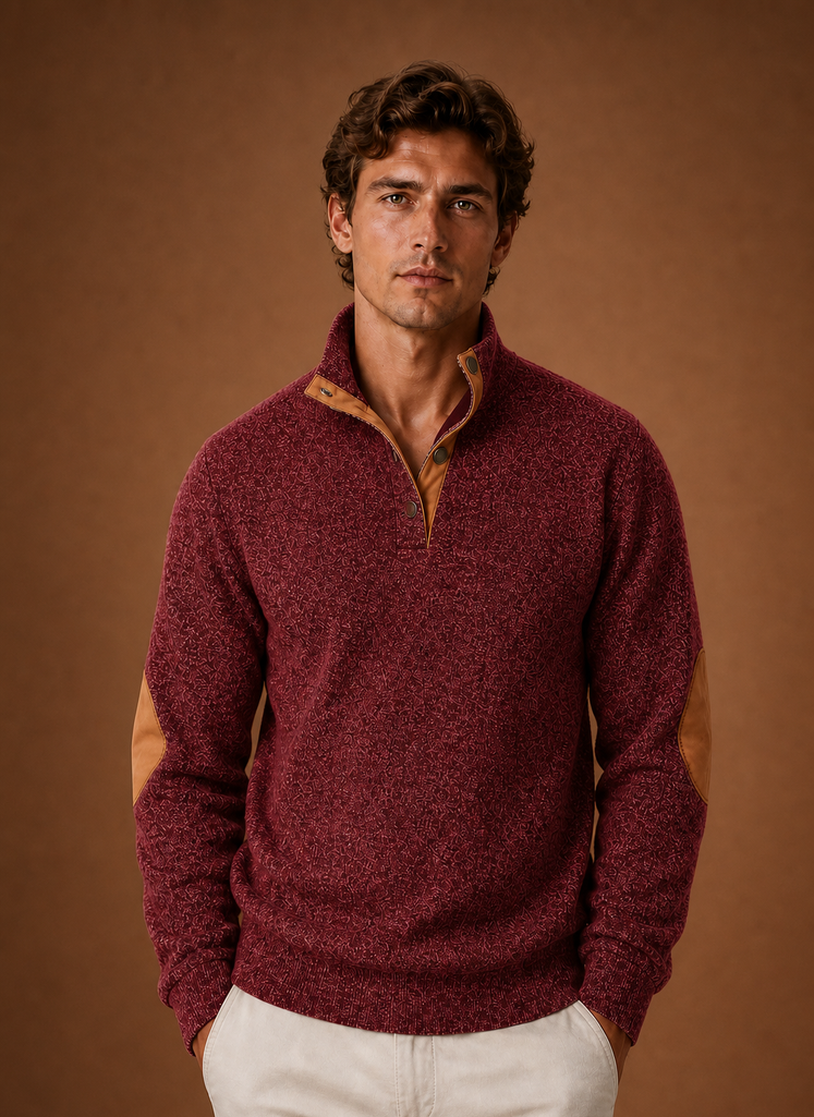 Front view of a men's mock neck pullover on a neutral background