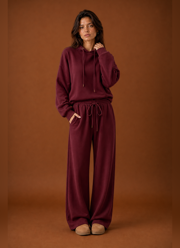 Front view of a women's two-piece sweatsuit set showing sweatshirt and matching pants on a mannequin