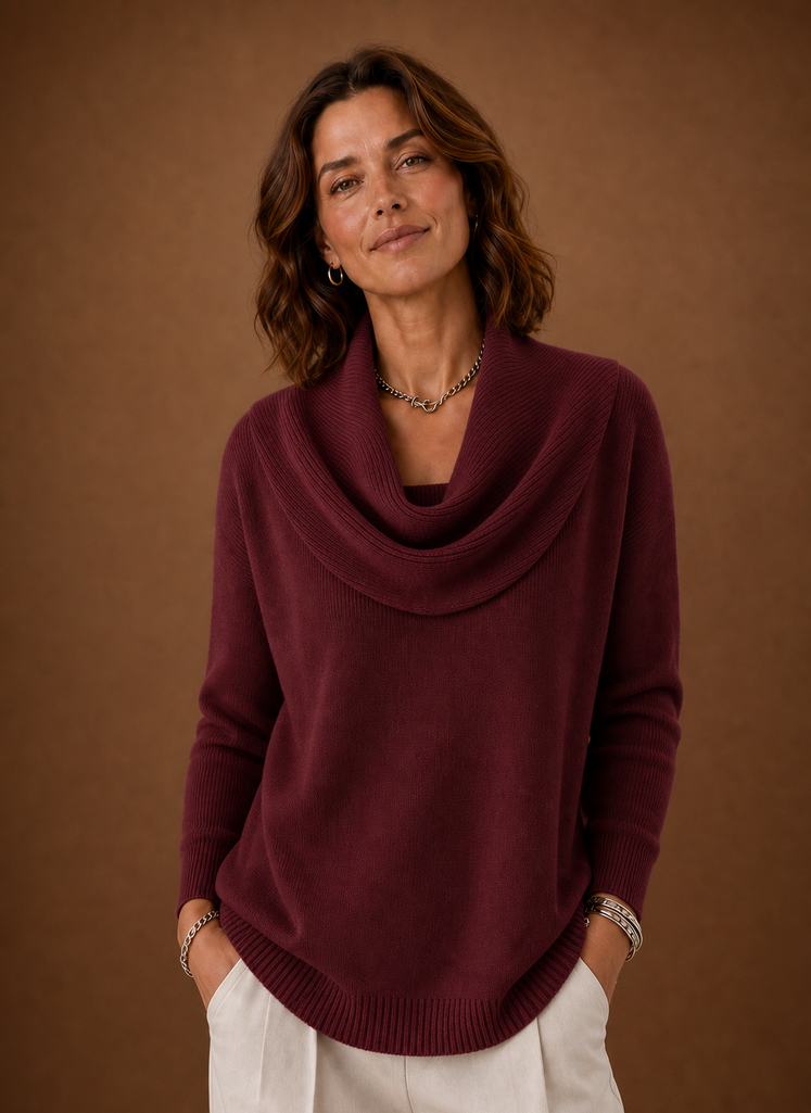 Front view of Areleon women's cowl neck knit sweater on a mannequin