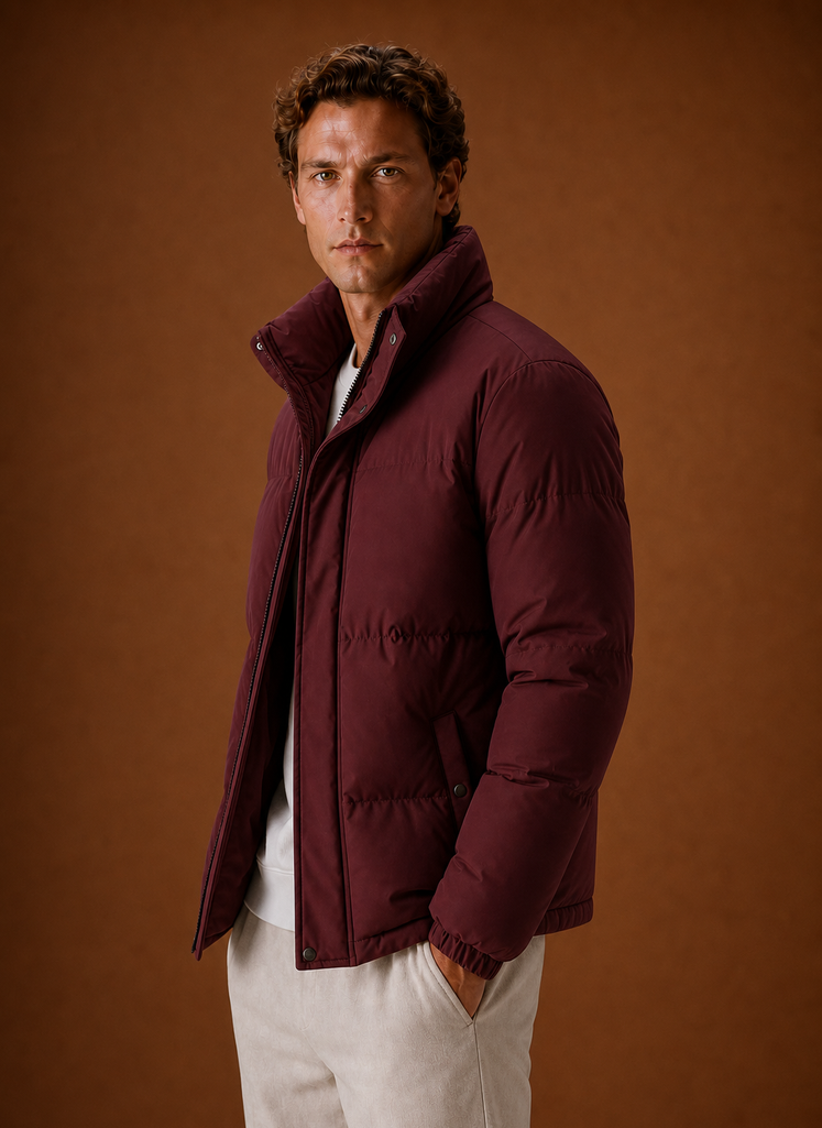 Side profile of the oversized puffer jacket highlighting the silhouette and sleeve shape