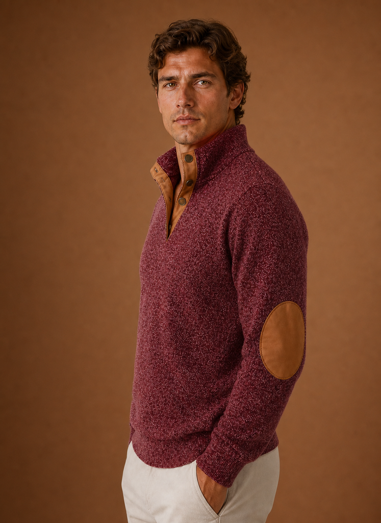 Side view showing the mock neckline and sleeve silhouette of the pullover