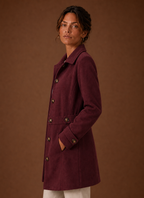Side view of Areleon women's trench coat showing mid-length hem and long sleeve profile