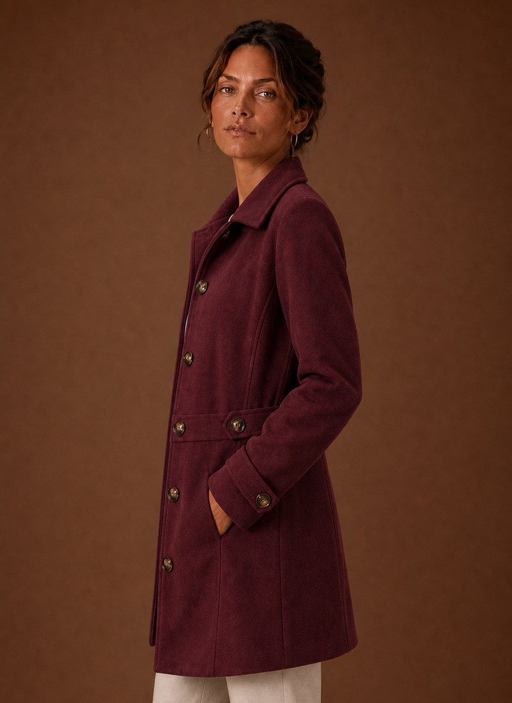 Side view of Areleon women's trench coat showing mid-length hem and long sleeve profile