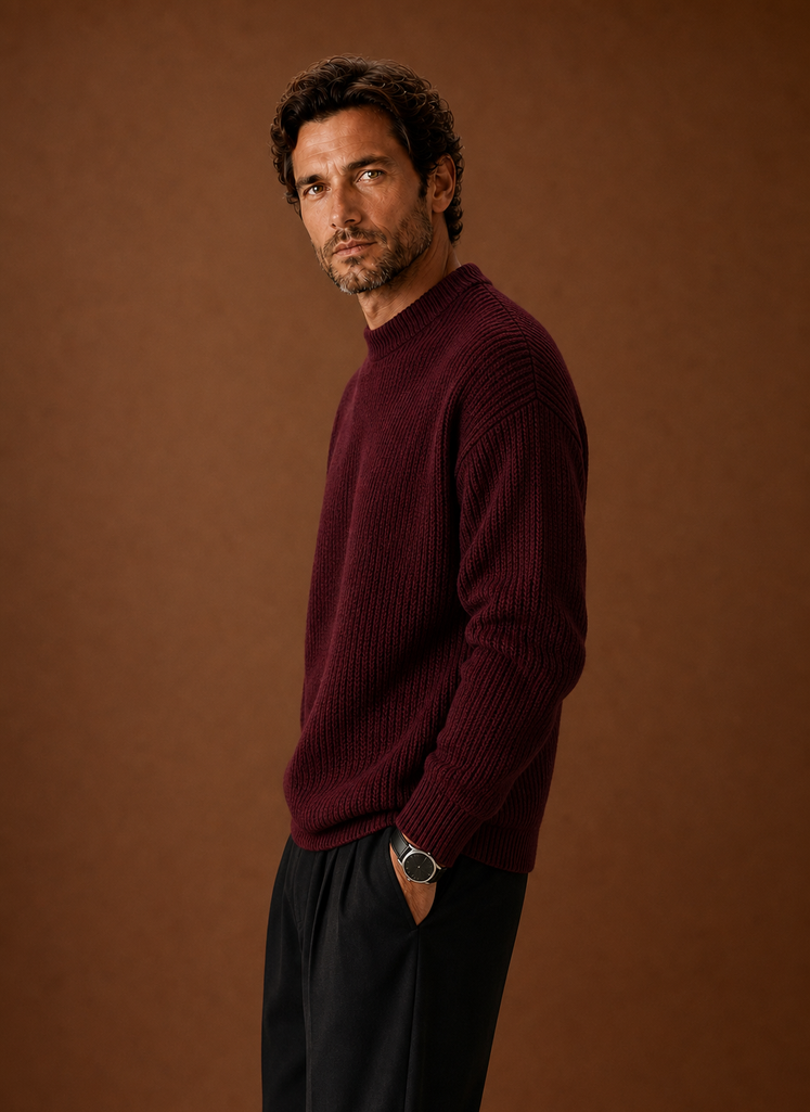 Men's Ribbed Knit Sweater - Crew Neck Pullover side view