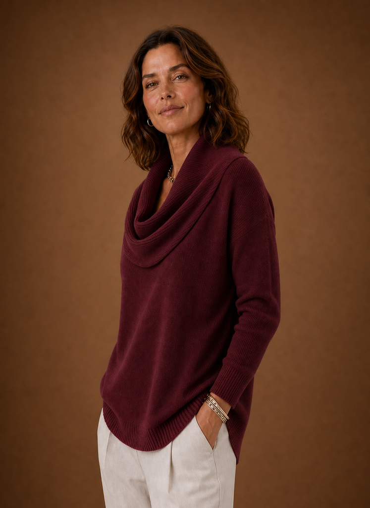 Side profile of Areleon women's cowl neck knit sweater showing draped neckline