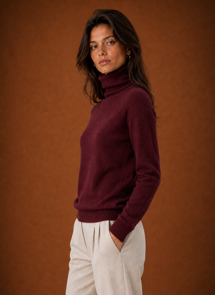 Side view showing the turtleneck and sleeve profile of the sweater