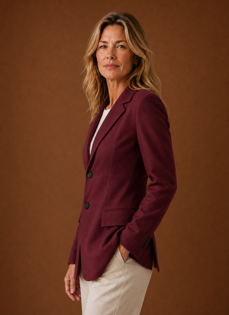 Side view of women's blazer showing longline cut and smooth profile
