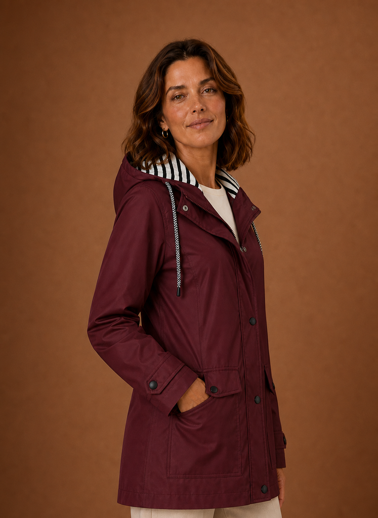 Side profile of women's hooded trench coat highlighting sleeve length and straight fit