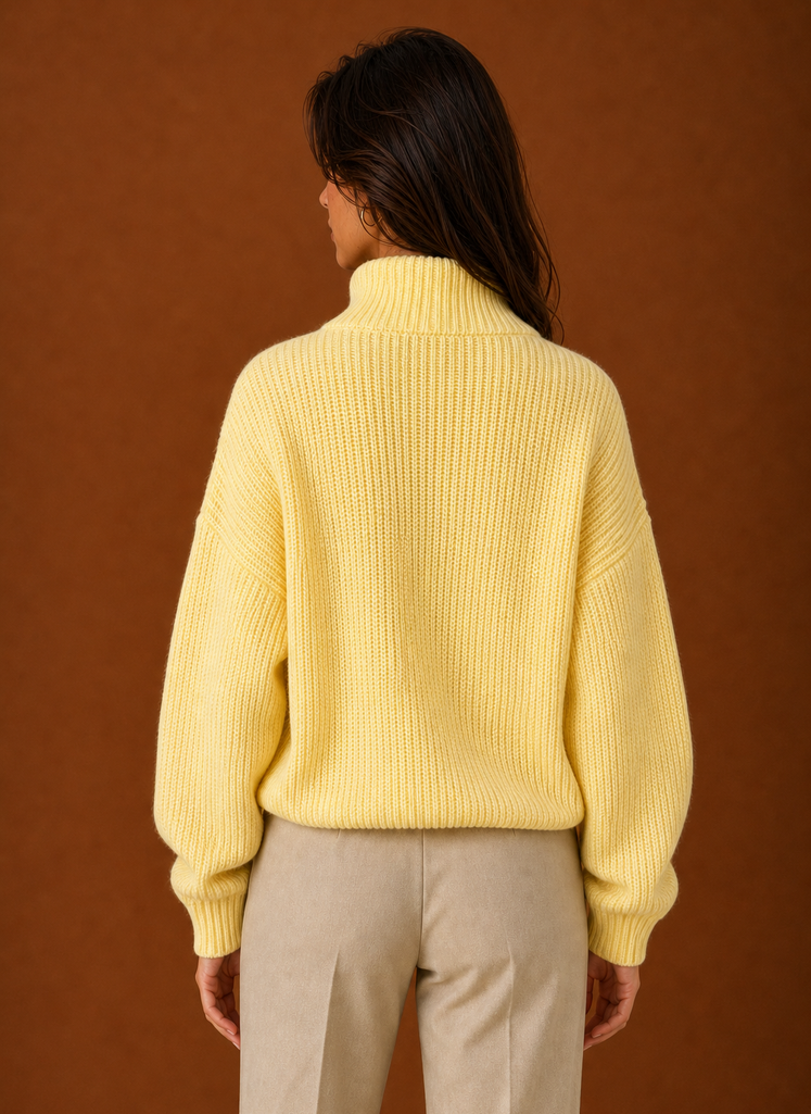 Back view of the women's quarter-zip sweater showing the smooth back and hem