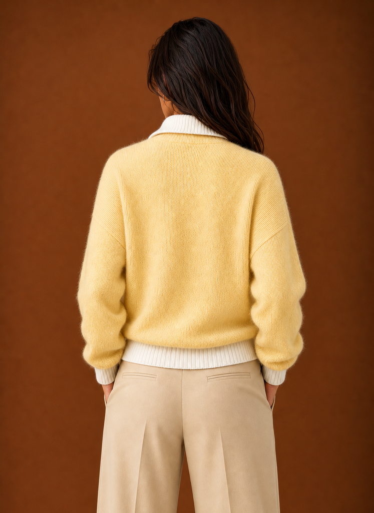 Back view of women's quarter zip sweater with a clean silhouette