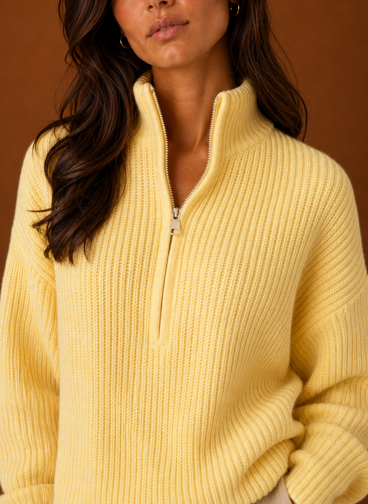 Close-up of the quarter-zip neckline and zipper pull on the women's sweater
