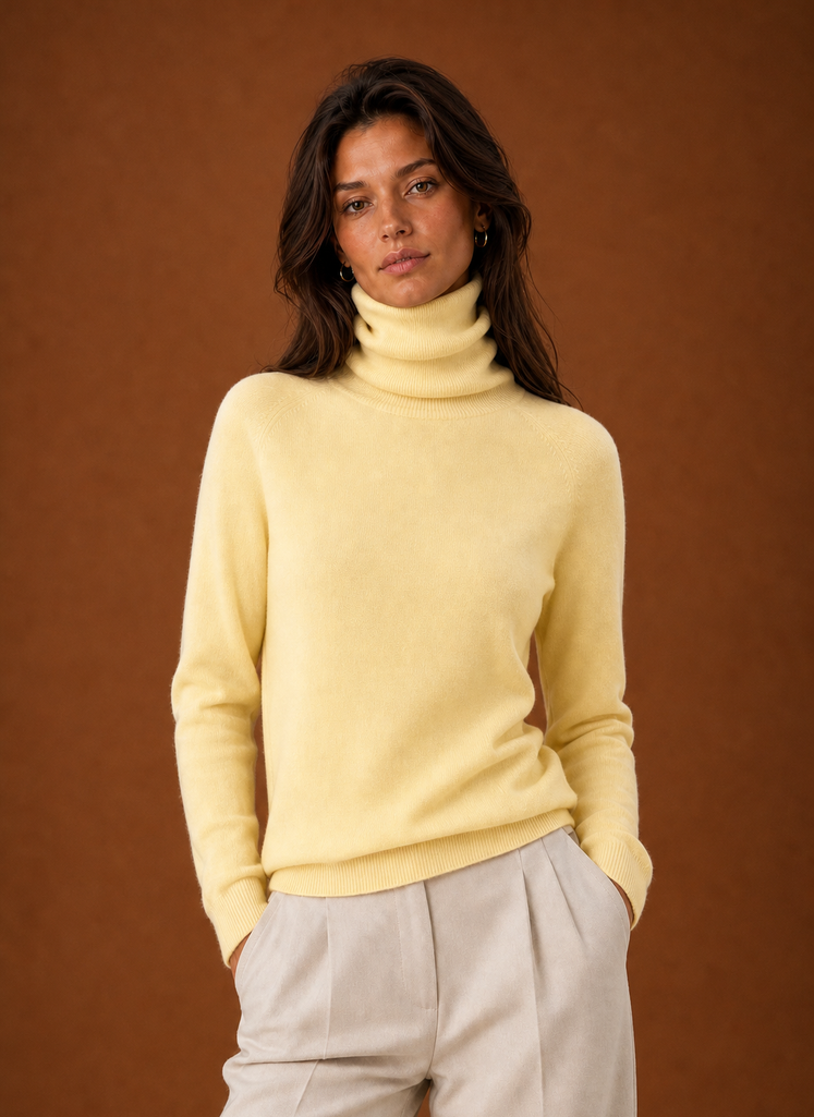 Front view of women's turtleneck sweater on neutral background
