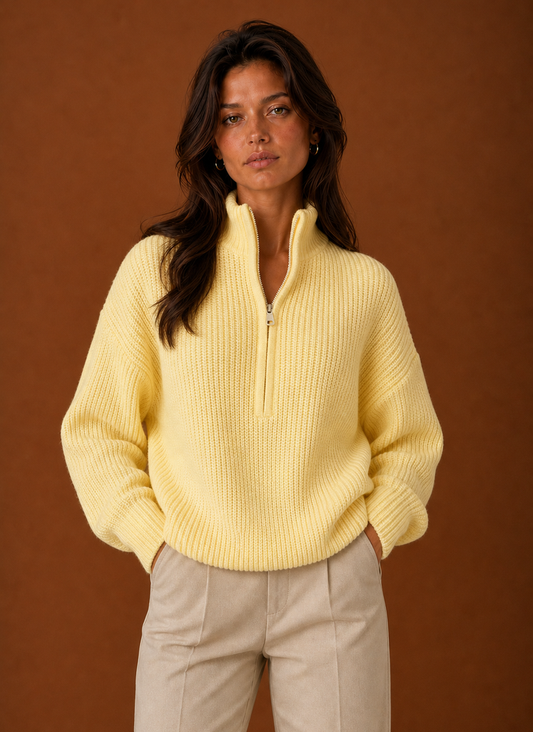 Front view of a women's quarter-zip sweater showing the zip neckline and clean silhouette