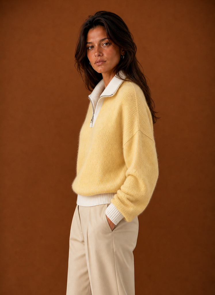 Side view of women's quarter zip sweater highlighting fit and sleeve length