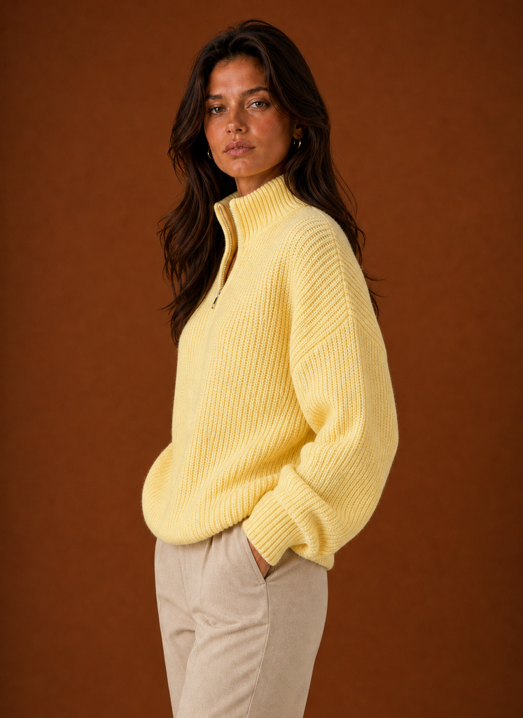 Side view of the women's quarter-zip sweater highlighting the profile and sleeve shape