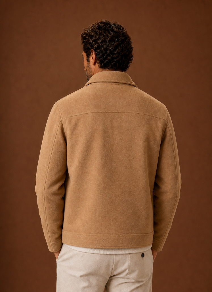 Back view of men's button-front casual jacket in Camel
