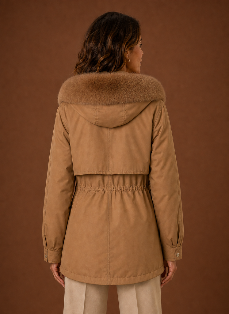 Back view of women's parka jacket with hood