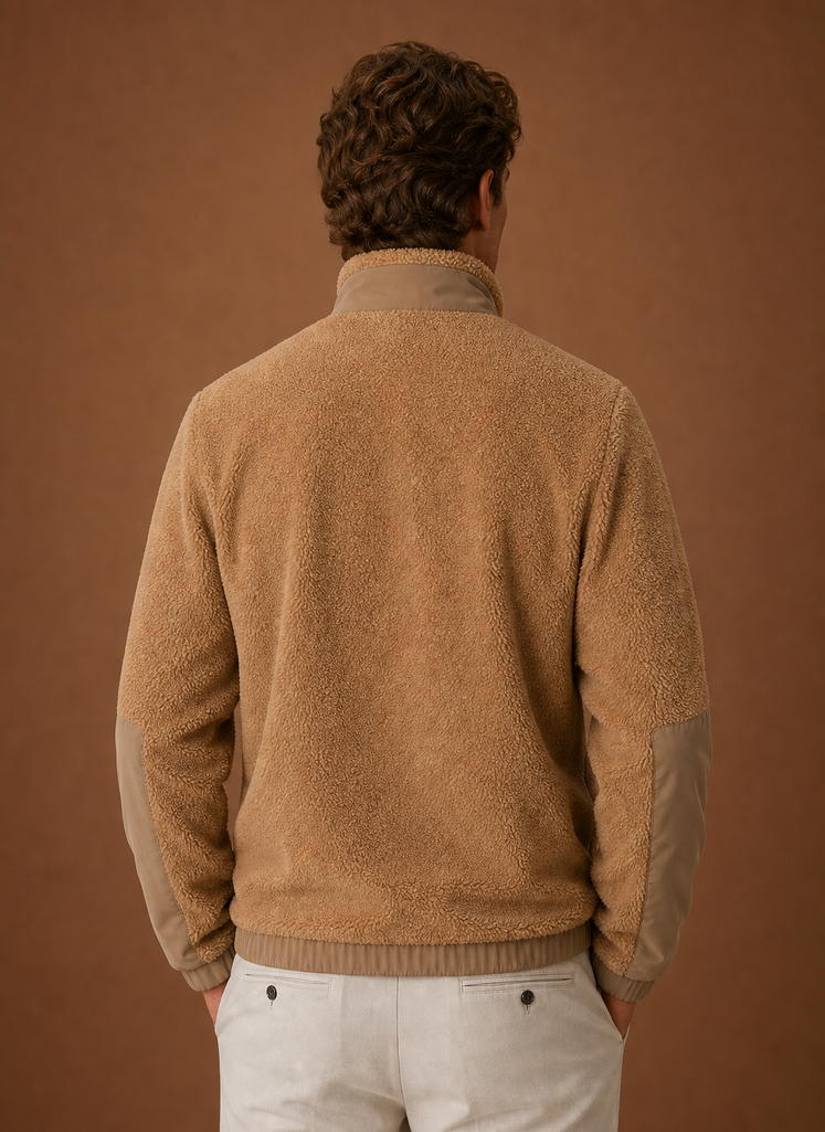 Back view of men's sherpa fleece winter coat on a hanger