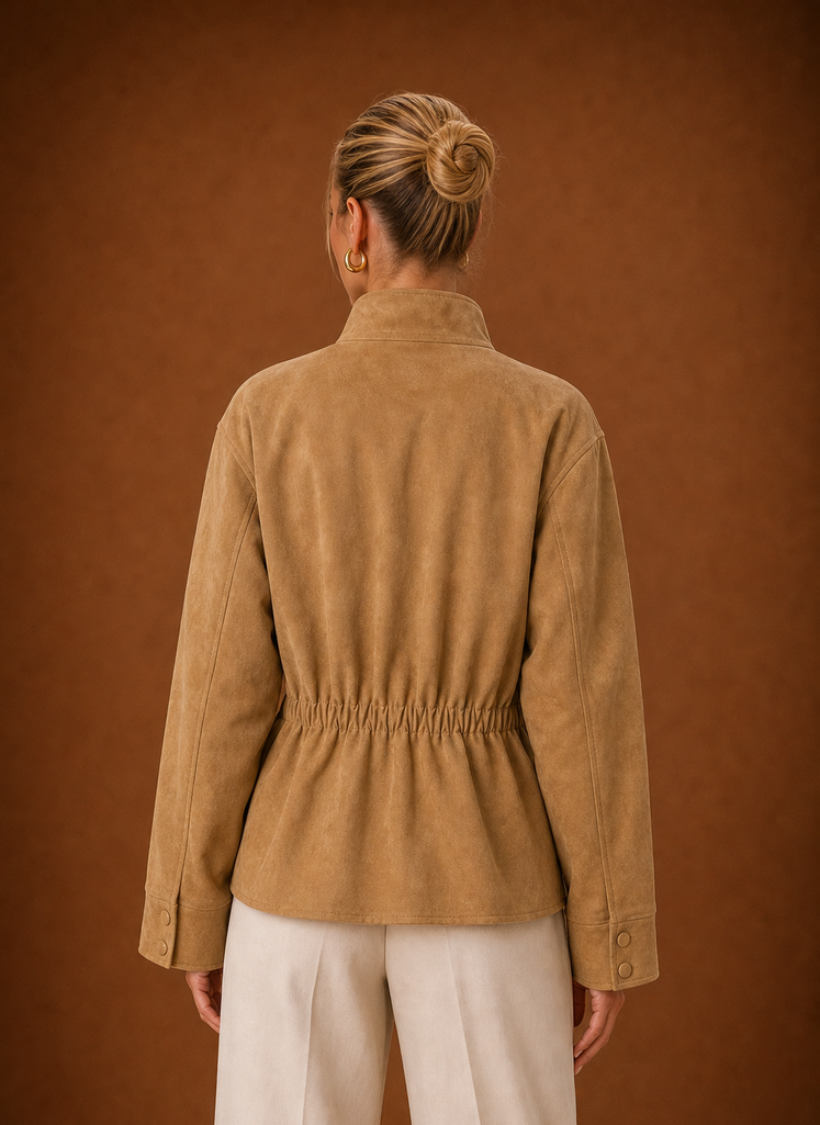 Back view of the Women's Funnel Neck Jacket showing a streamlined back and hem in brown
