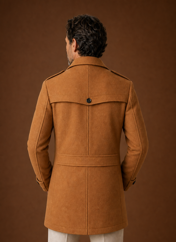 Back view of men's long coat showing clean, full-length design