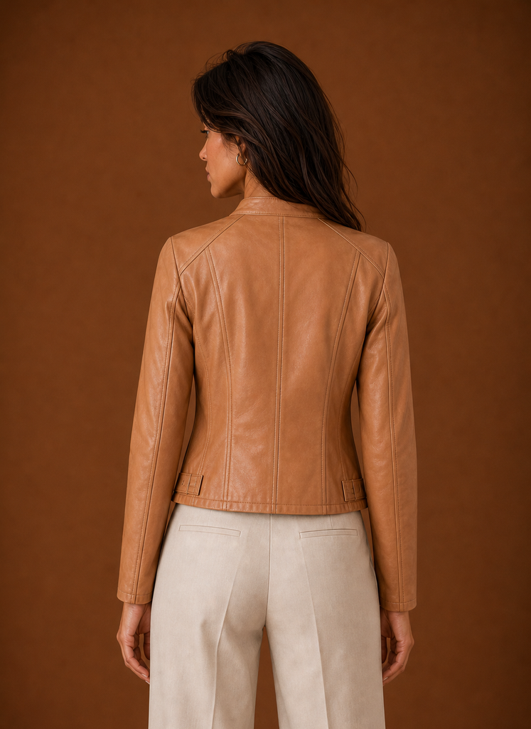 Women's Leather Jacket - Slim Fit Stand Collar Moto Jacket back view