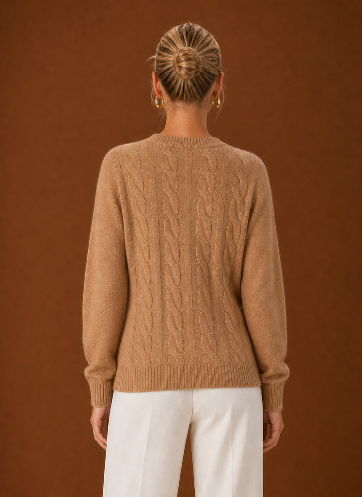 Women's Cable Knit Sweater - Crew Neck Knit Pullover back view