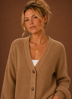 Close-up of button-front detail and V-neckline on the women's knit cardigan