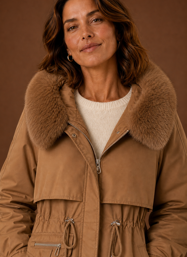 Close-up of faux fur trim on the hood of a women's parka jacket