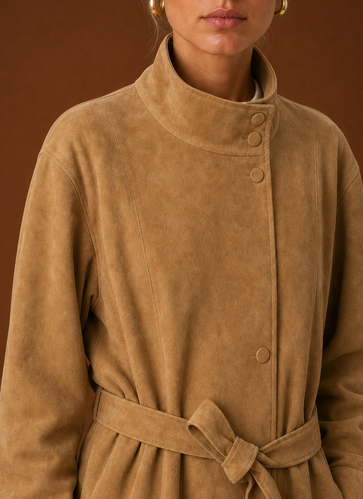 Close-up of the funnel neckline and seam detailing on the Women's Funnel Neck Jacket
