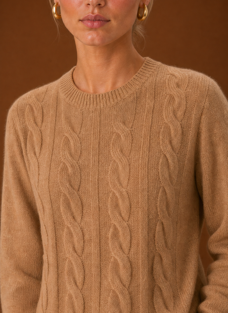 Women's Cable Knit Sweater - Crew Neck Knit Pullover closeup view