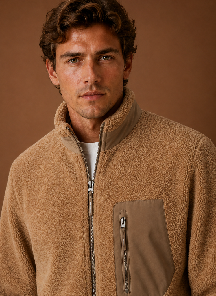 Close-up of sherpa texture and full-zip closure detail
