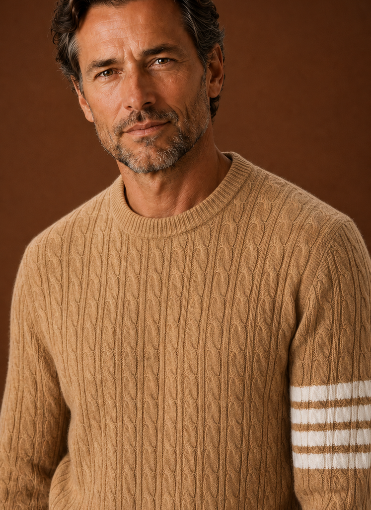 Men's Cable Knit Sweater - Crew Neck Pullover closeup view
