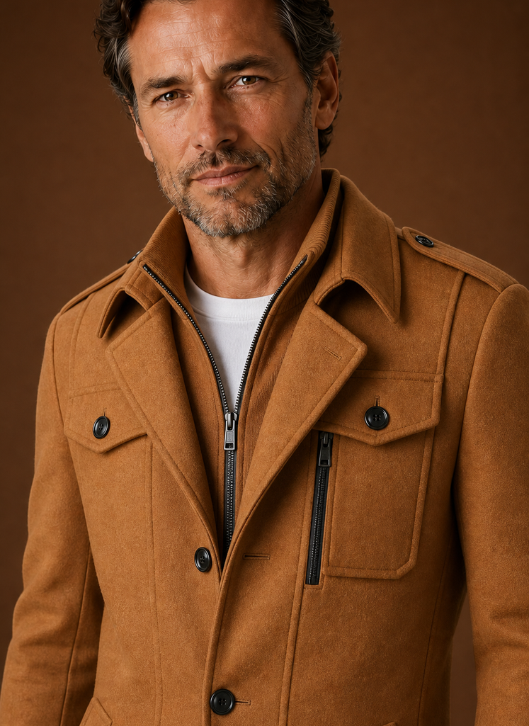 Close-up of coat showing button-front detail and fabric texture