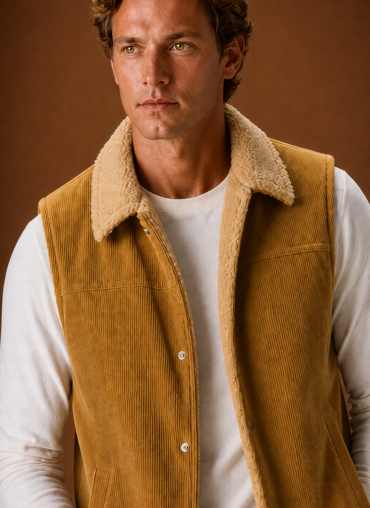 Close-up of sherpa lining and corduroy texture with visible stitching and pocket detail