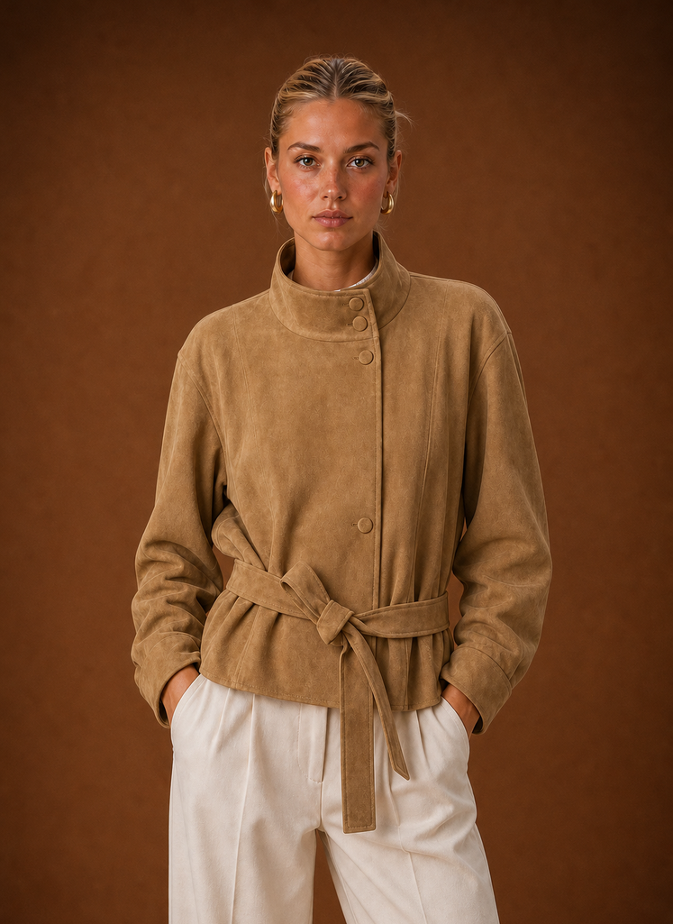 Front view of the Women's Funnel Neck Jacket showing the sculpted funnel neckline and clean silhouette in brown