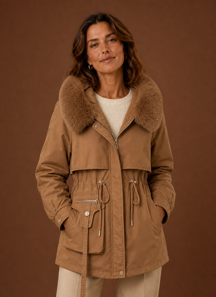 Front view of women's parka jacket with hood trimmed in faux fur