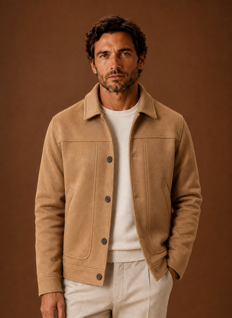 Front view of men's button-front casual jacket in Camel on mannequin