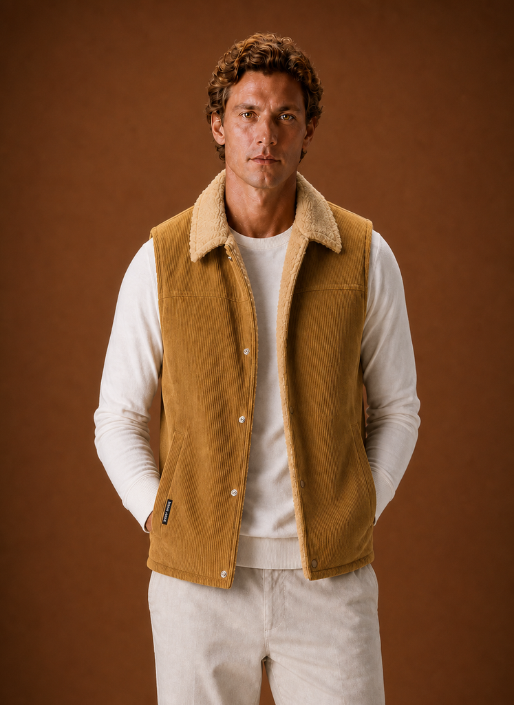 Front view of men's sherpa-lined corduroy vest on a neutral background showing sleeveless gilet silhouette