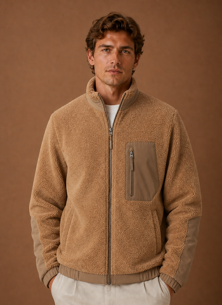 Front view of men's sherpa fleece jacket on a mannequin with zip closed